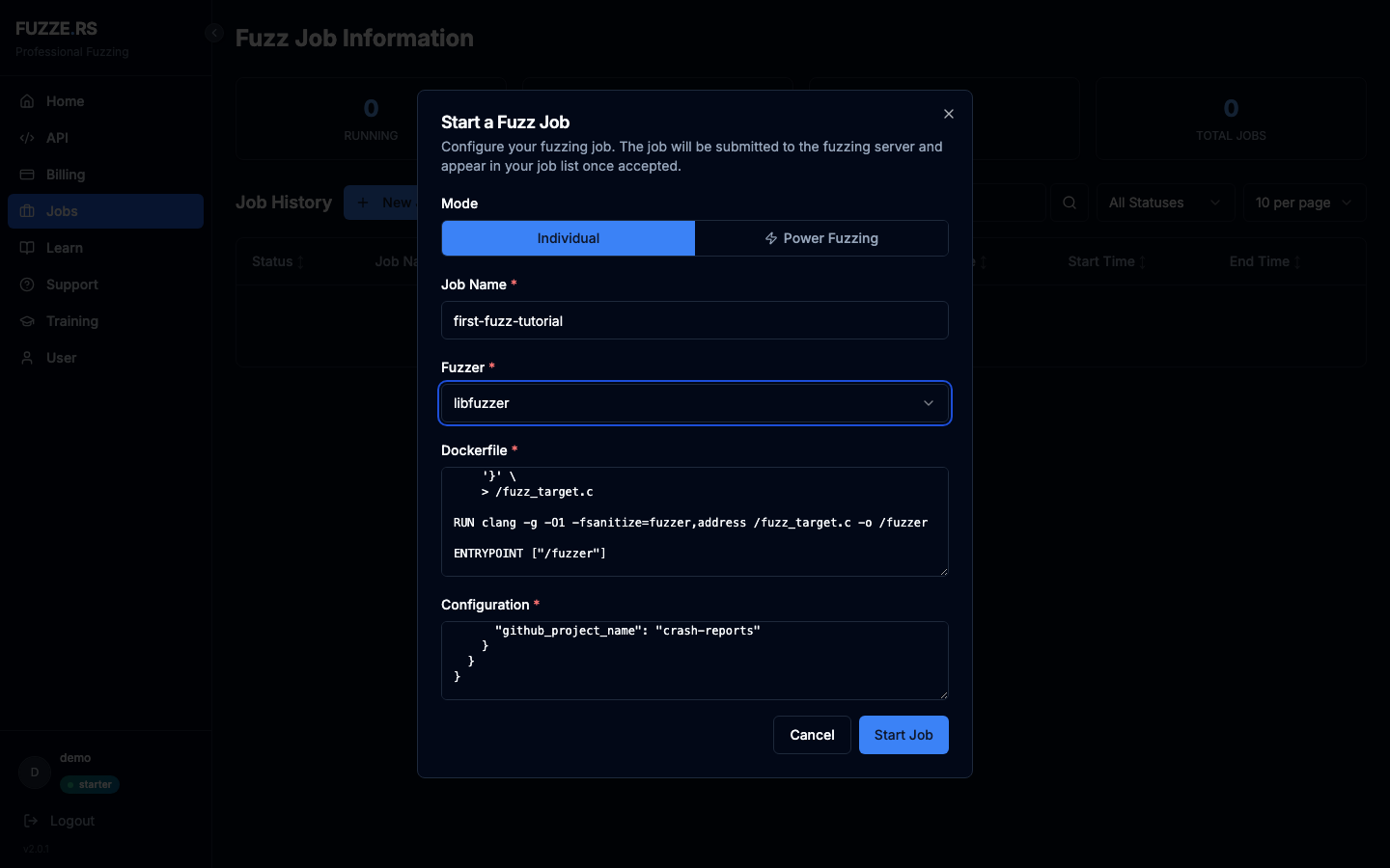 Filled Start Job dialog
