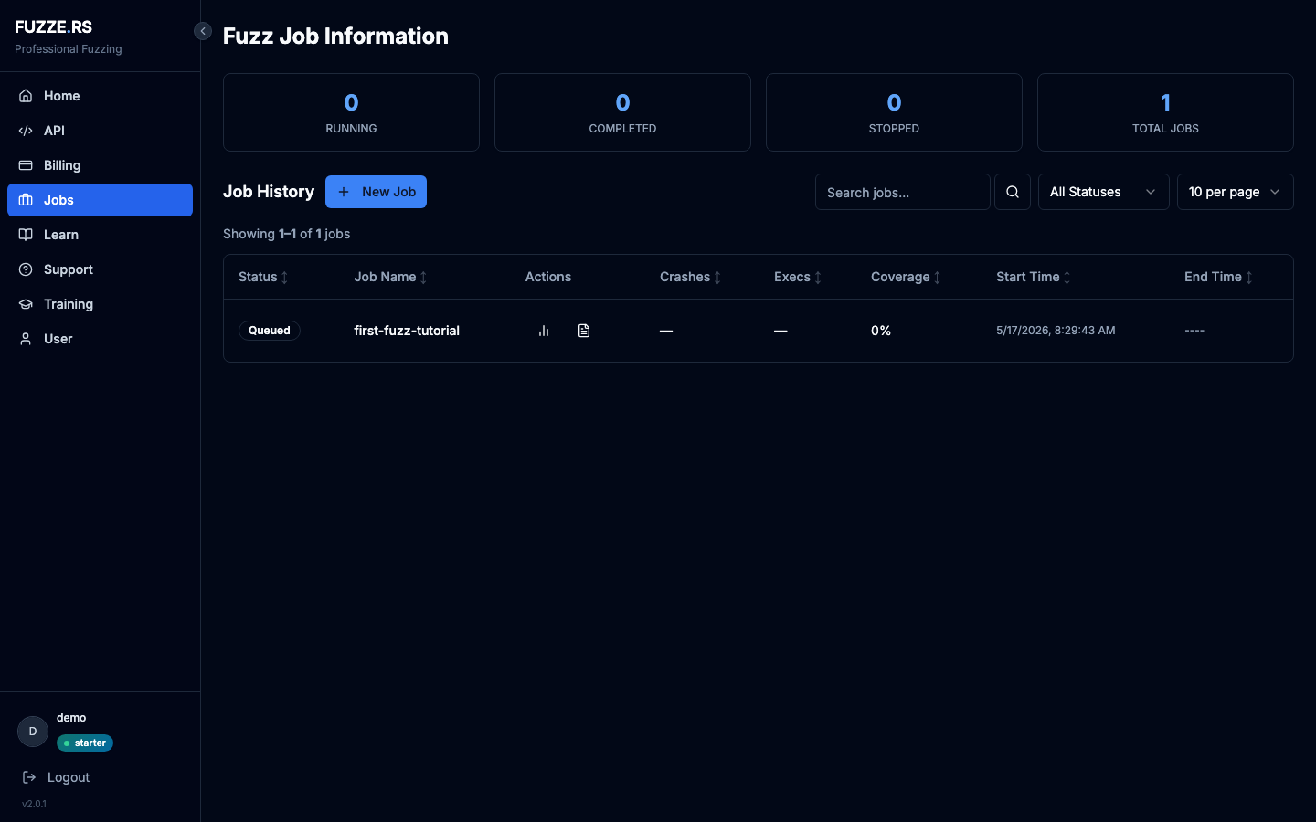 Job queued in the jobs list